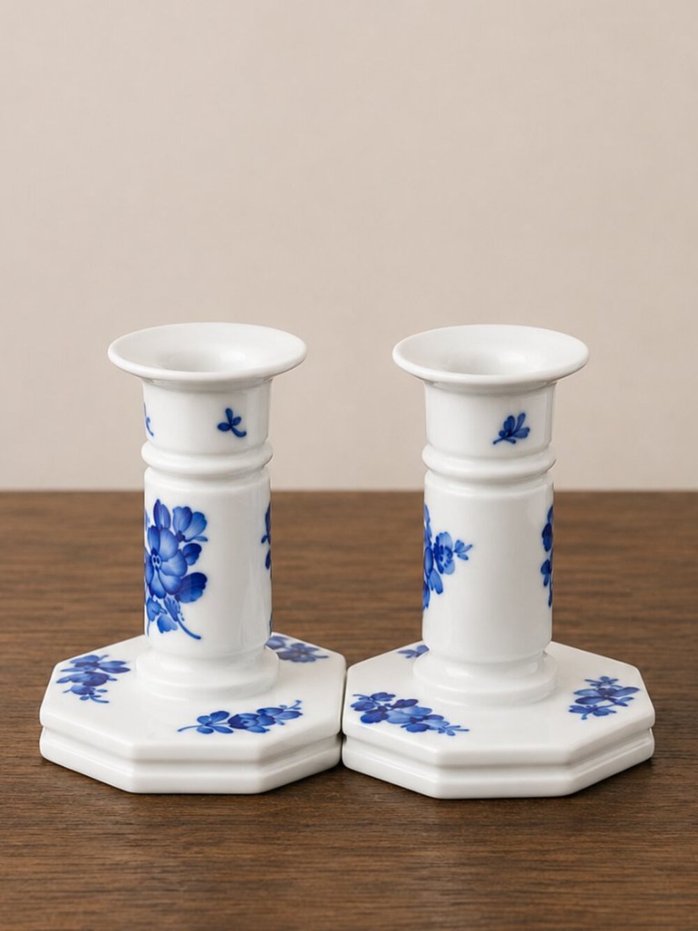 Royal Copenhagen Blue Flowers Candlesticks #3303 Denmark Hand Painted Porcelain